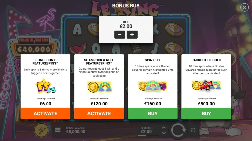 Le King bonus buy options showing different featurespins like BonusHunt Featurespins™, Shamrock & Roll Featurespins™, Spin City, and Jackpot of Gold, each with varying costs and features.