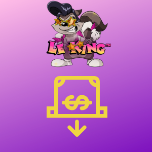Le King logo with a raccoon character and a yellow icon of money being deposited, indicating a deposit process, placed on a gradient purple background.