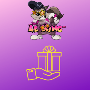Le King logo with a raccoon character and a yellow gift box icon, indicating a bonus or reward, placed on a gradient purple background.