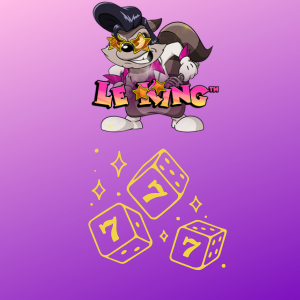 Le King logo with a raccoon character and yellow dice icons showing '7', indicating a game of chance, placed on a gradient purple background.