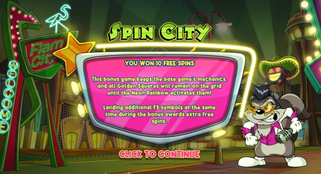 A cartoon-style free spins notification with the text 'You won 10 free spins' on a colorful neon casino background with a raccoon character wearing star glasses and holding a microphone.