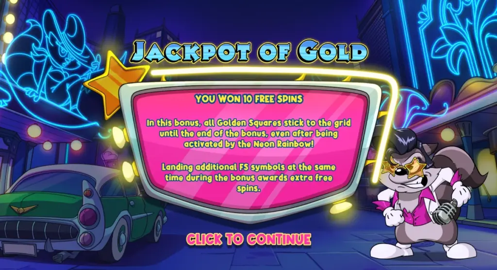 A cartoon-style free spins notification with the text 'You won 10 free spins' on a neon-lit background with a raccoon character wearing star glasses and holding a microphone, along with a vintage car and a neon ghost.