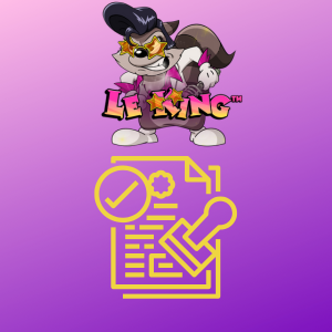 Le King logo with a raccoon character and a yellow security and licensing icon, indicating compliance with licensing and security measures, set on a gradient purple background.