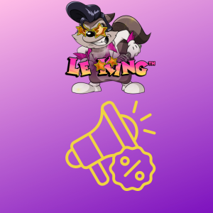Le King logo with a raccoon character and a yellow promotions icon, indicating the game's promotion feature, set on a gradient purple background.