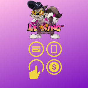 Le King logo with a raccoon character and yellow icons representing various payment methods like cards, phones, clicks, and cash, indicating the available payment options in the game, set on a gradient purple background.