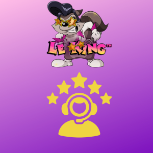 Le King logo with a raccoon character and a yellow customer support icon, representing the feature of support assistance, set on a gradient purple background.