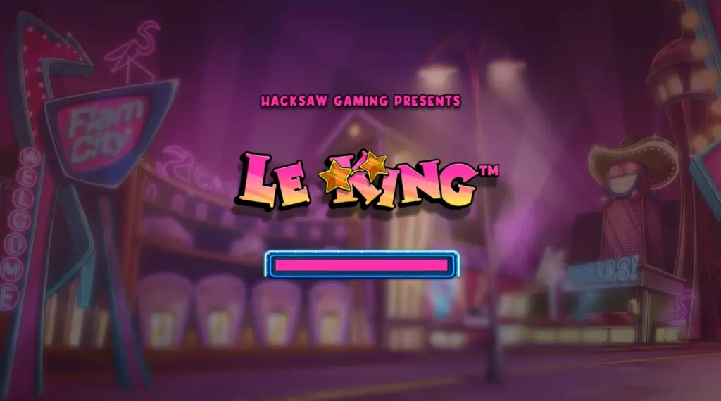 Le King slot game loading screen, showing the Le King logo with neon lights and a loading bar at the bottom, set against a vibrant casino city background.