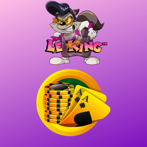 Le King logo with a raccoon character and a yellow icon of poker chips and cards, indicating a casino setting, set on a gradient purple background.