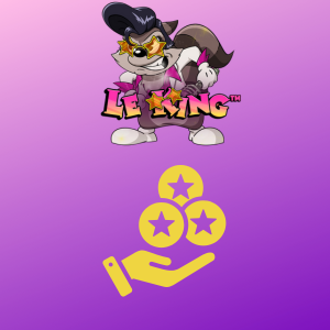 Le King logo with a raccoon character and a hand icon with stars icons above, representing a feature or bonus within the game, set on a gradient purple background.