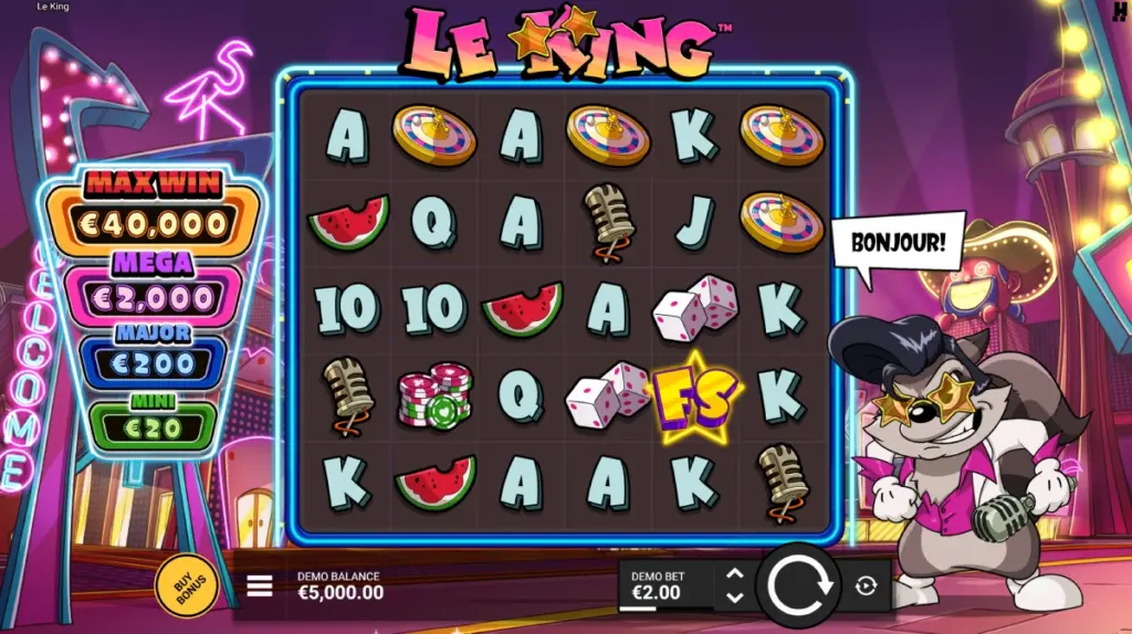 Le King slot game interface showing the reels with symbols like watermelons, dice, and microphone, along with the bonus amounts', while the raccoon character with star glasses says 'BONJOUR!' and the demo balance of €5,000 is displayed at the bottom.