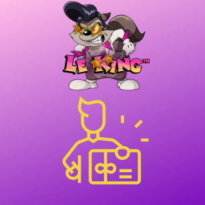 Le King logo with a raccoon character and a yellow user profile and gift card icon, indicating claiming a gift or reward, set on a gradient purple background.