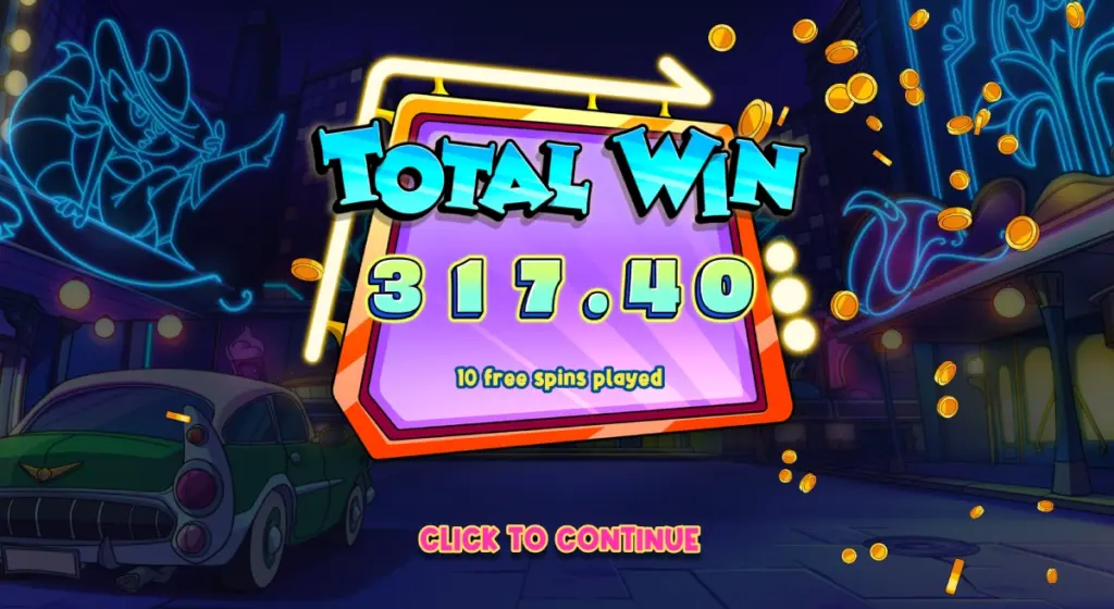 A neon sign displaying 'TOTAL WIN 317.40' with gold coins falling around the sign, indicating the result of 10 free spins played, set against a colorful casino background.